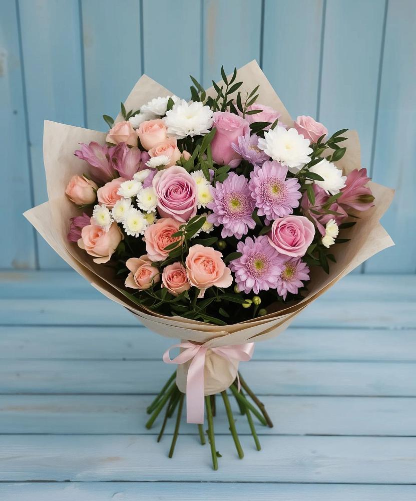Букет цветов из: Хризантемы, Розы и Альстромерии в Ерново