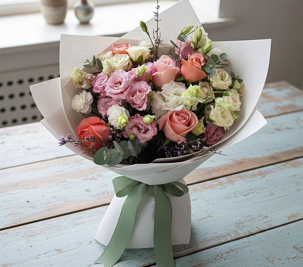 Букет цветов из: Розы, Лизиантусы и Гвоздики в Ерново