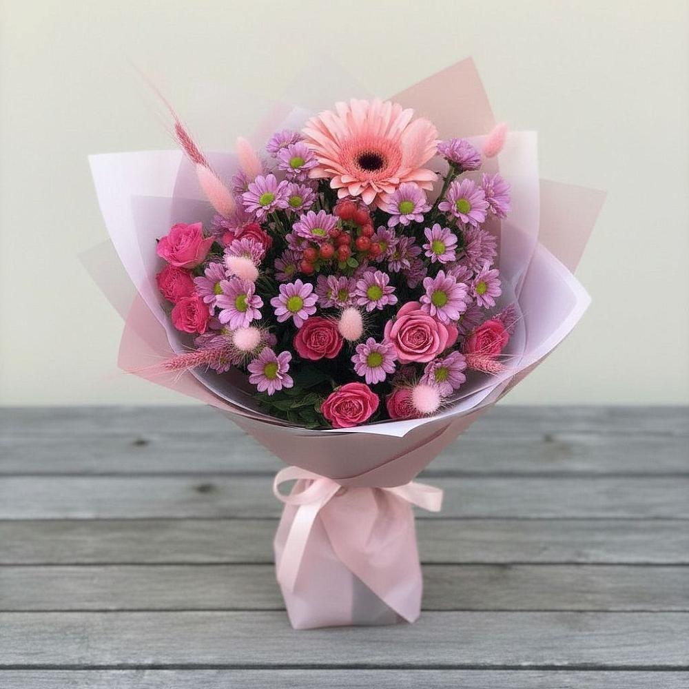 Букет цветов из: Розы, Герберы и Хризантемы в Ерново